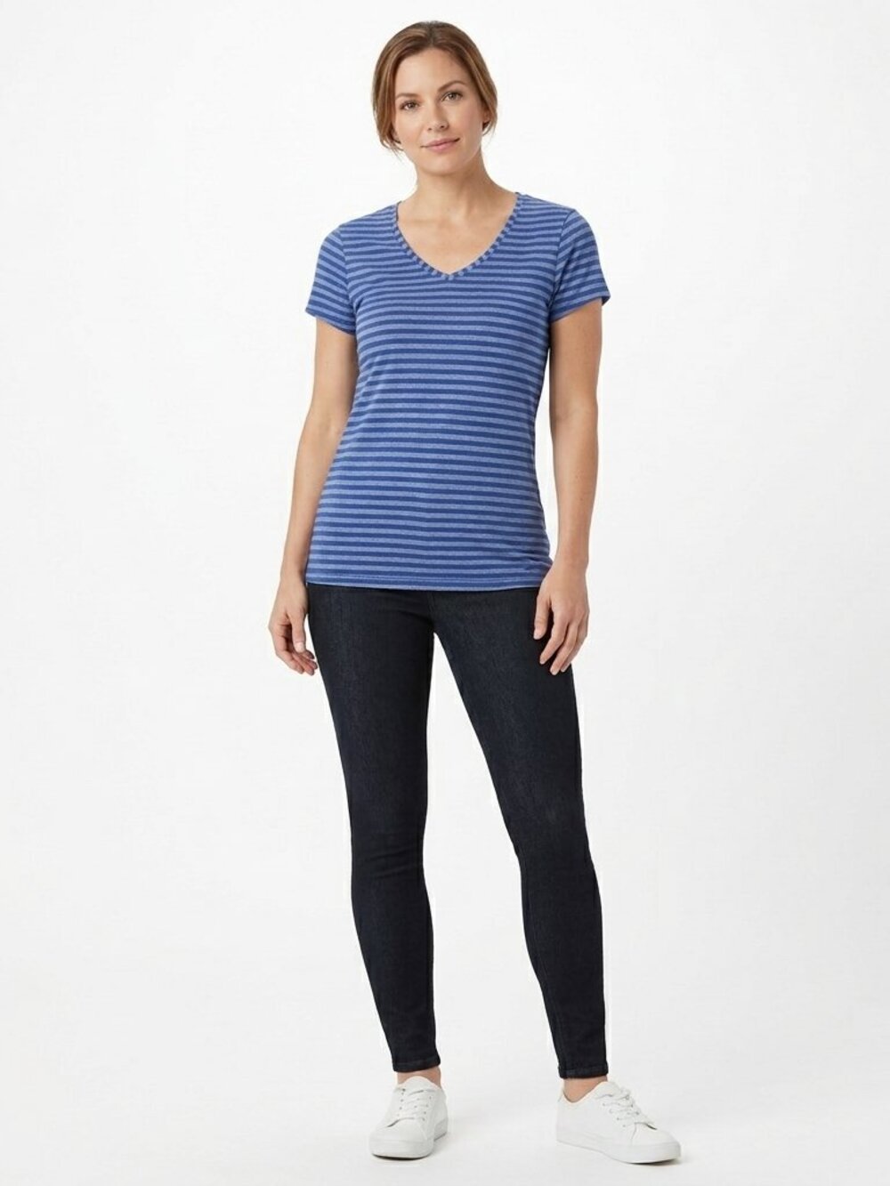 DANSKIN NOW BRAND Women's Blue Striped Pullover Semi-Fitted Shirt - Size M